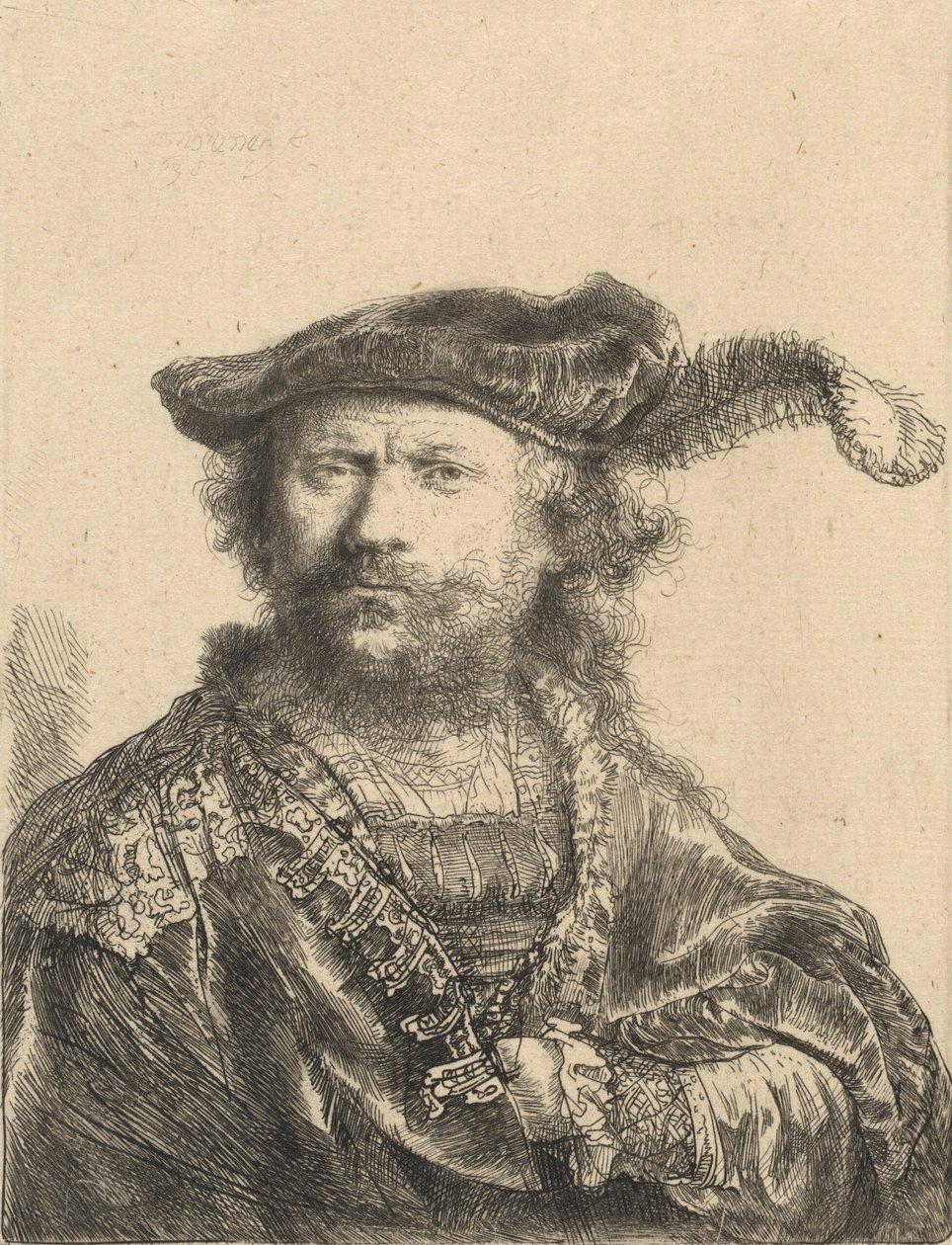 Önarckép bársonysapkában, tollal, 1638. alkotó: Rembrandt van Rijn