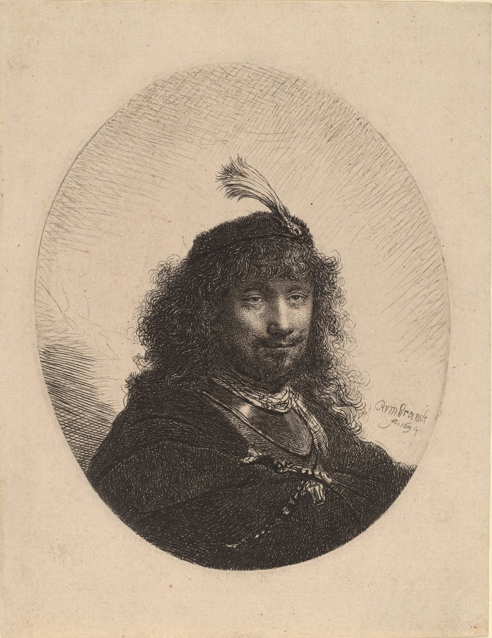 Önarckép tollas sapkával és leeresztett szablyával, 1634. alkotó: Rembrandt van Rijn