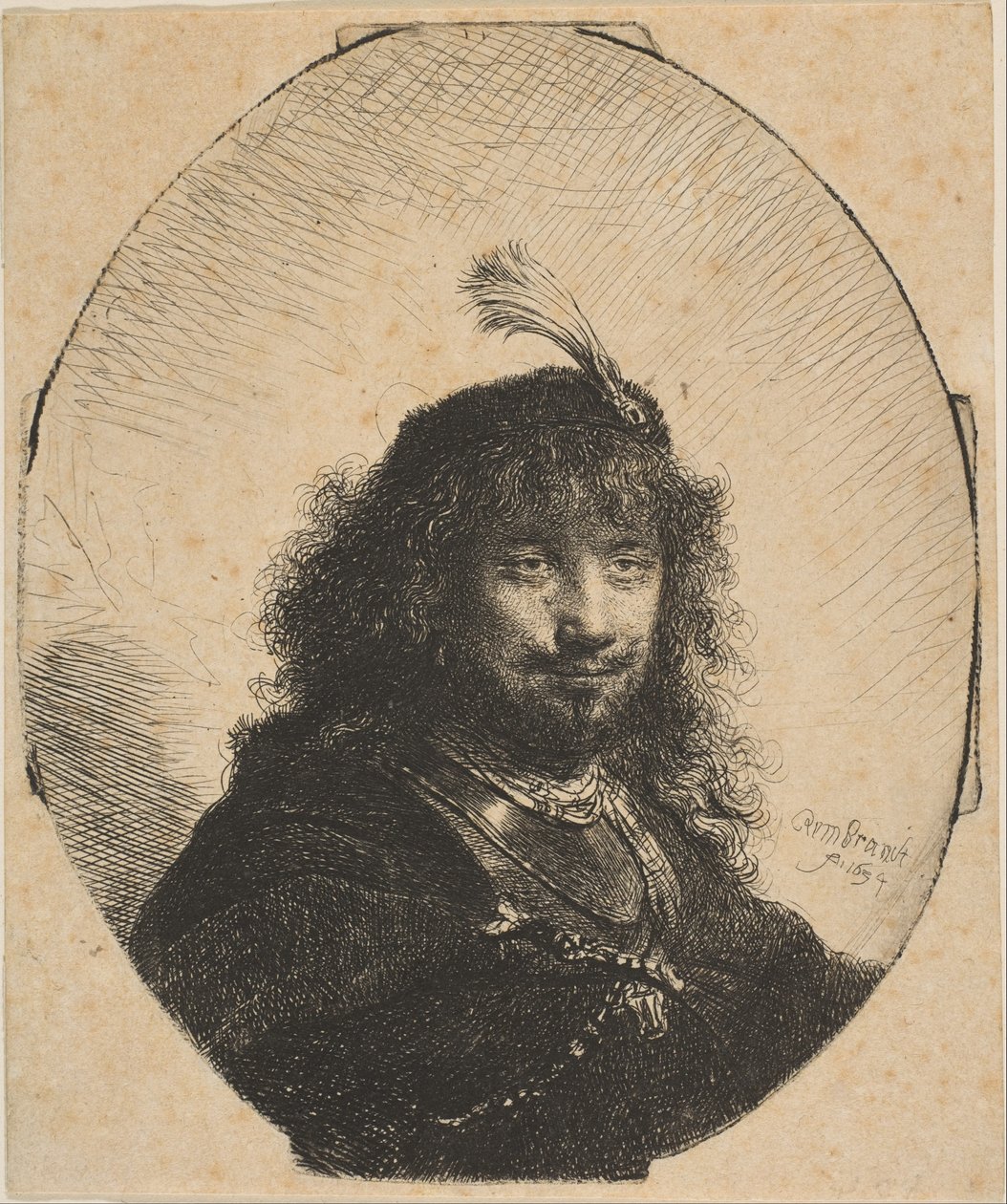 Önarckép tollas sapkával és leeresztett szablyával, 1634. alkotó: Rembrandt van Rijn