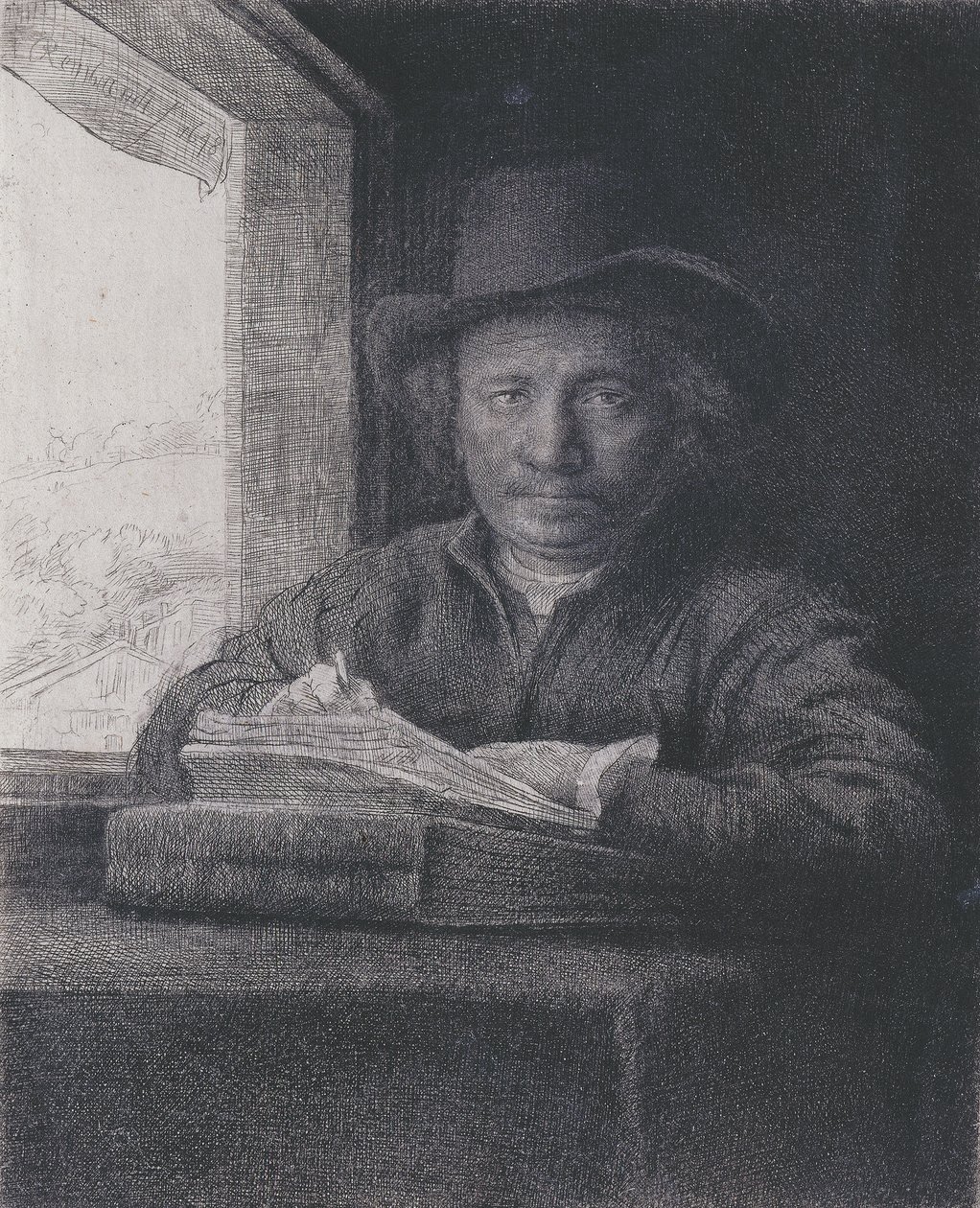 Önarckép, Radírozás az ablaknál, 1648 (metszet és metszet rakott papírra) alkotó: Rembrandt van Rijn