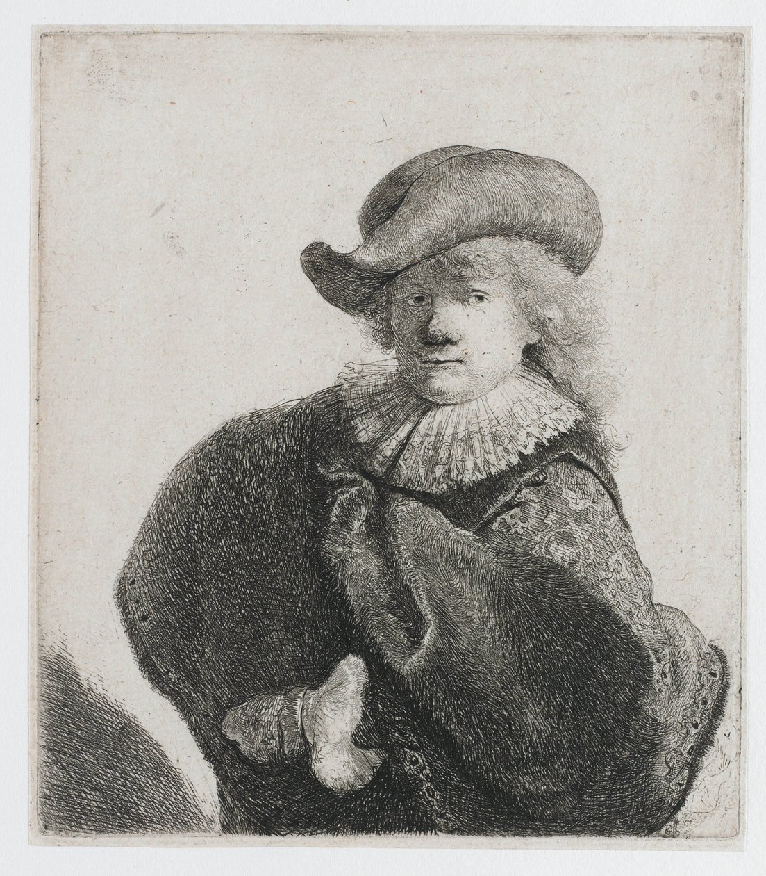 Önarckép puha kalapban és mintás köpenyben alkotó: Rembrandt van Rijn