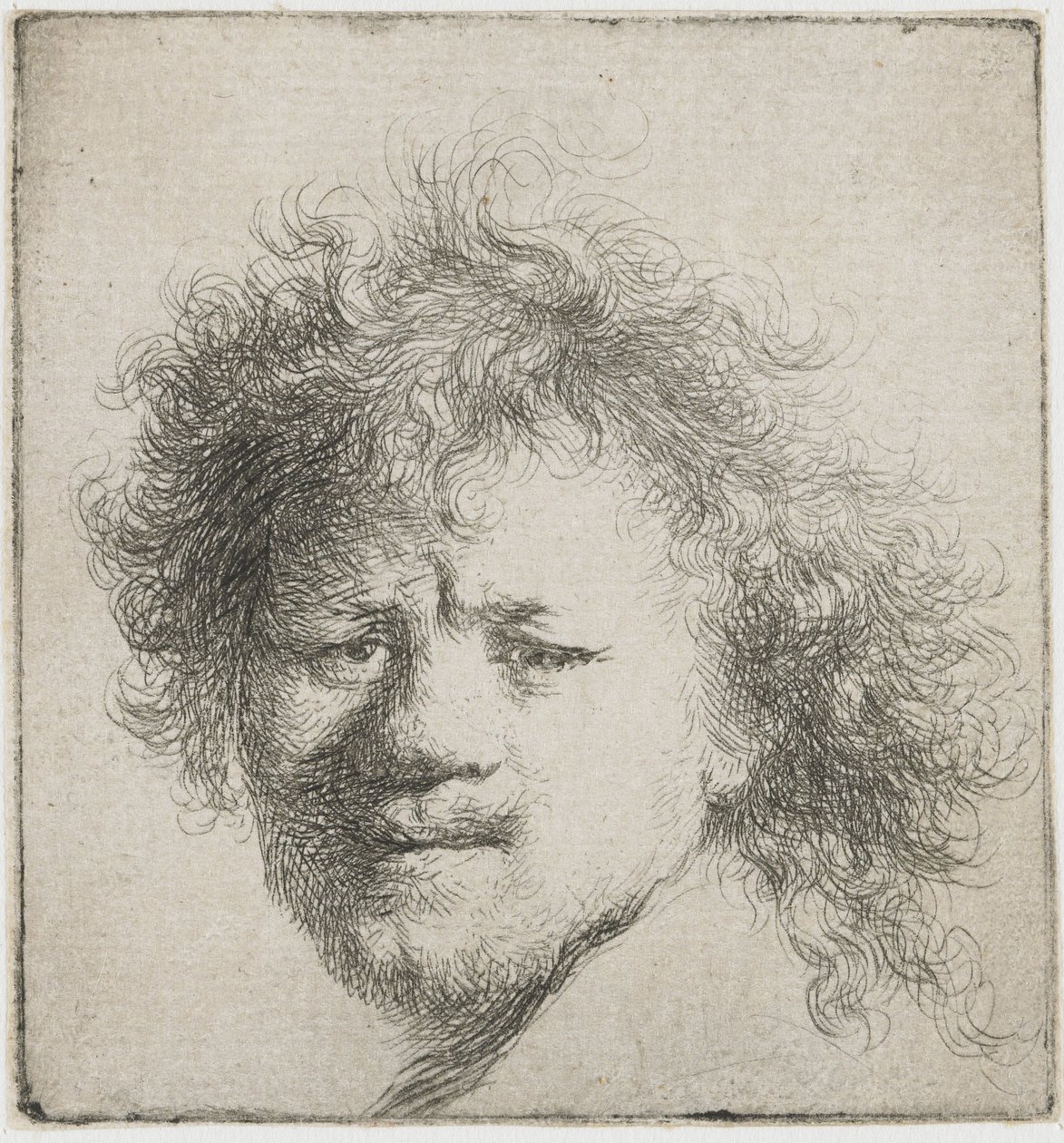 Önarckép, hosszú, bozontos hajjal: csak fej, 1631 körül. alkotó: Rembrandt van Rijn
