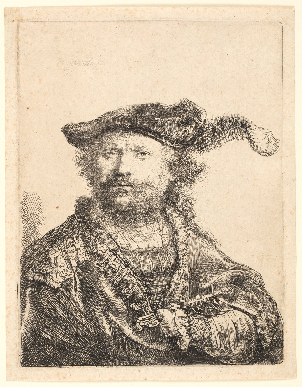 Önarckép bársonysapkában, tollakkal alkotó: Rembrandt van Rijn