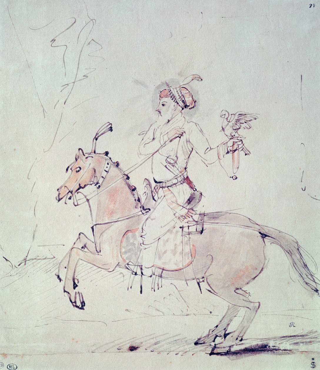 Shah Jehan sólyommal lóháton (toll és tinta és wc papírra) alkotó: Rembrandt van Rijn