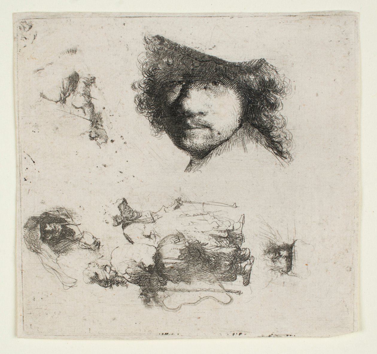 Vázlatlap: a művész arca, egy kolduspár, egy idős férfi és egy idős nő arca stb. alkotó: Rembrandt van Rijn
