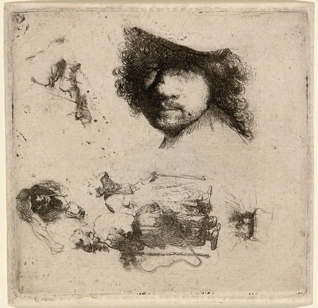 Tanulmányi lap: A művész feje, egy kolduspár, egy idős férfi és egy öregasszony feje stb. alkotó: Rembrandt van Rijn