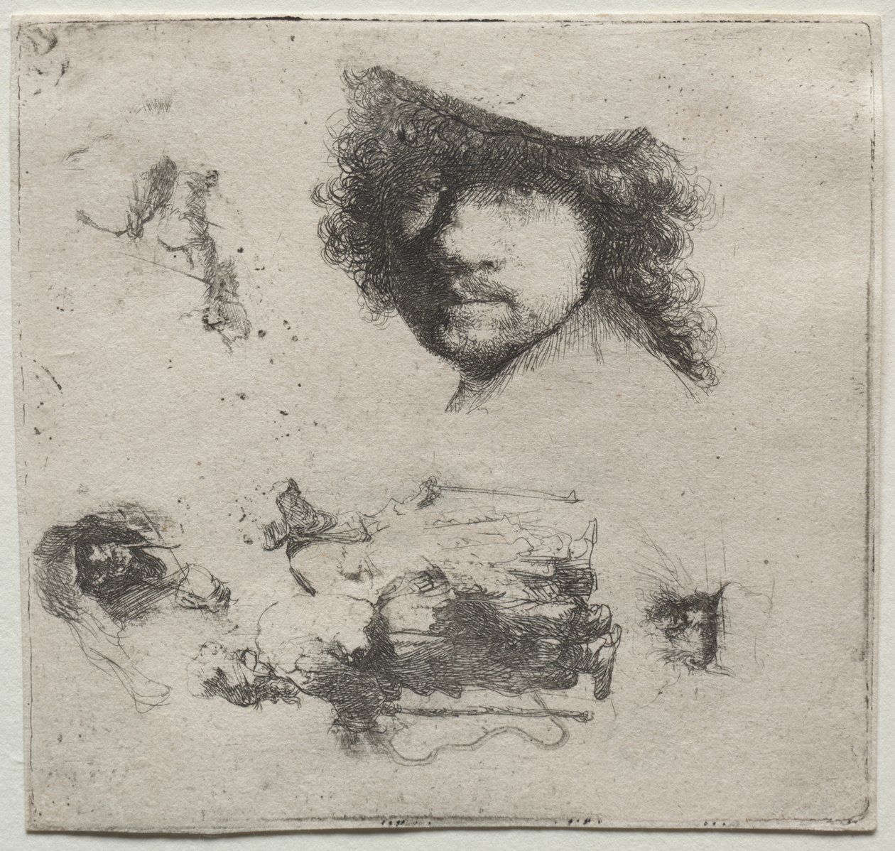 Tanulmányi lap: Önarckép, kolduspár stb. alkotó: Rembrandt van Rijn
