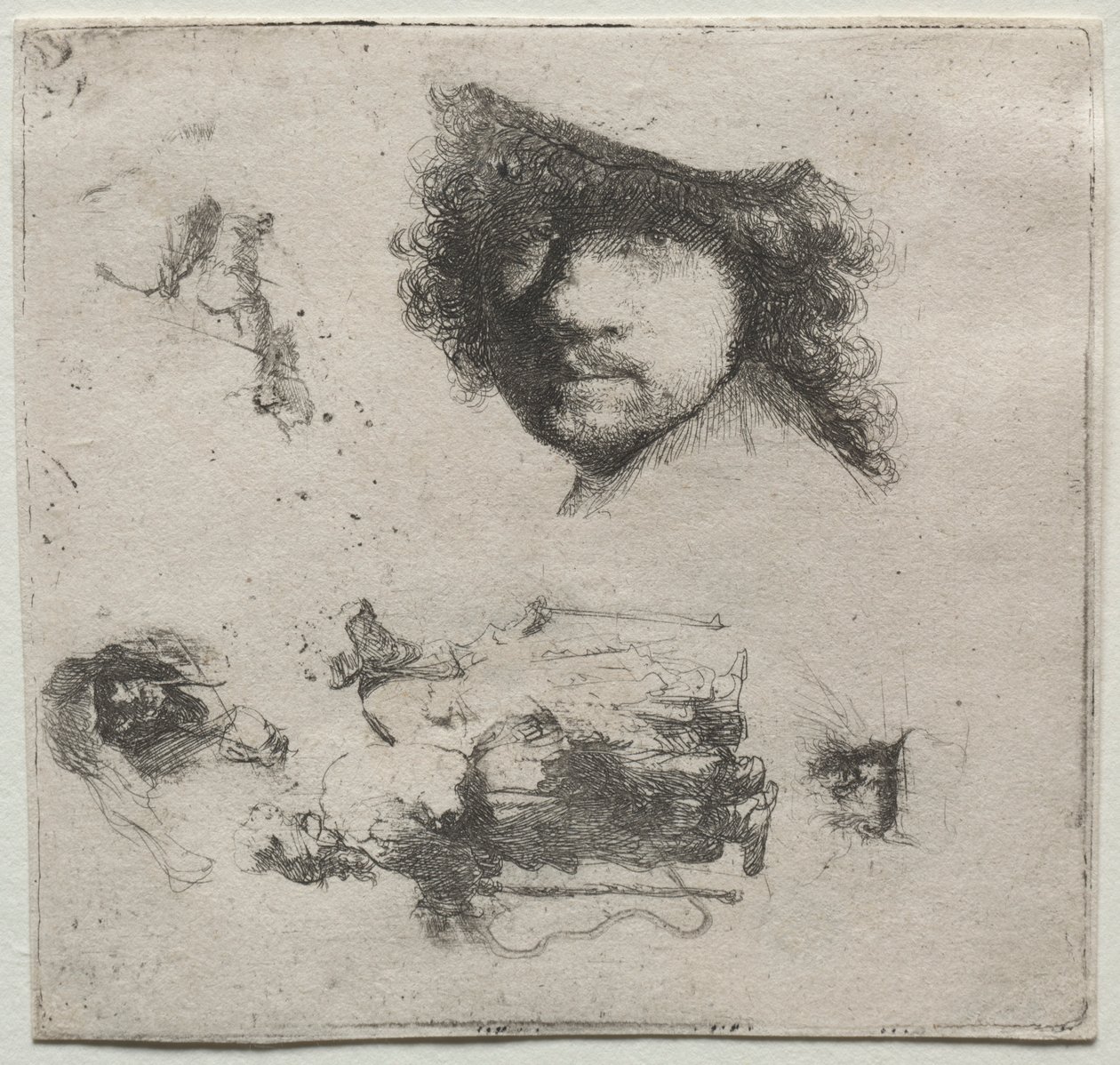 Tanulmányi lap: Önarckép, kolduspár stb., c. 1632. alkotó: Rembrandt van Rijn