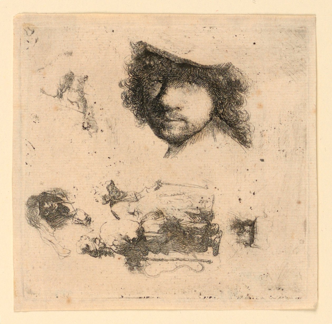 Tanulmányi lap: Önarckép, Kolduspár, Öreg és öregasszony feje stb. alkotó: Rembrandt van Rijn