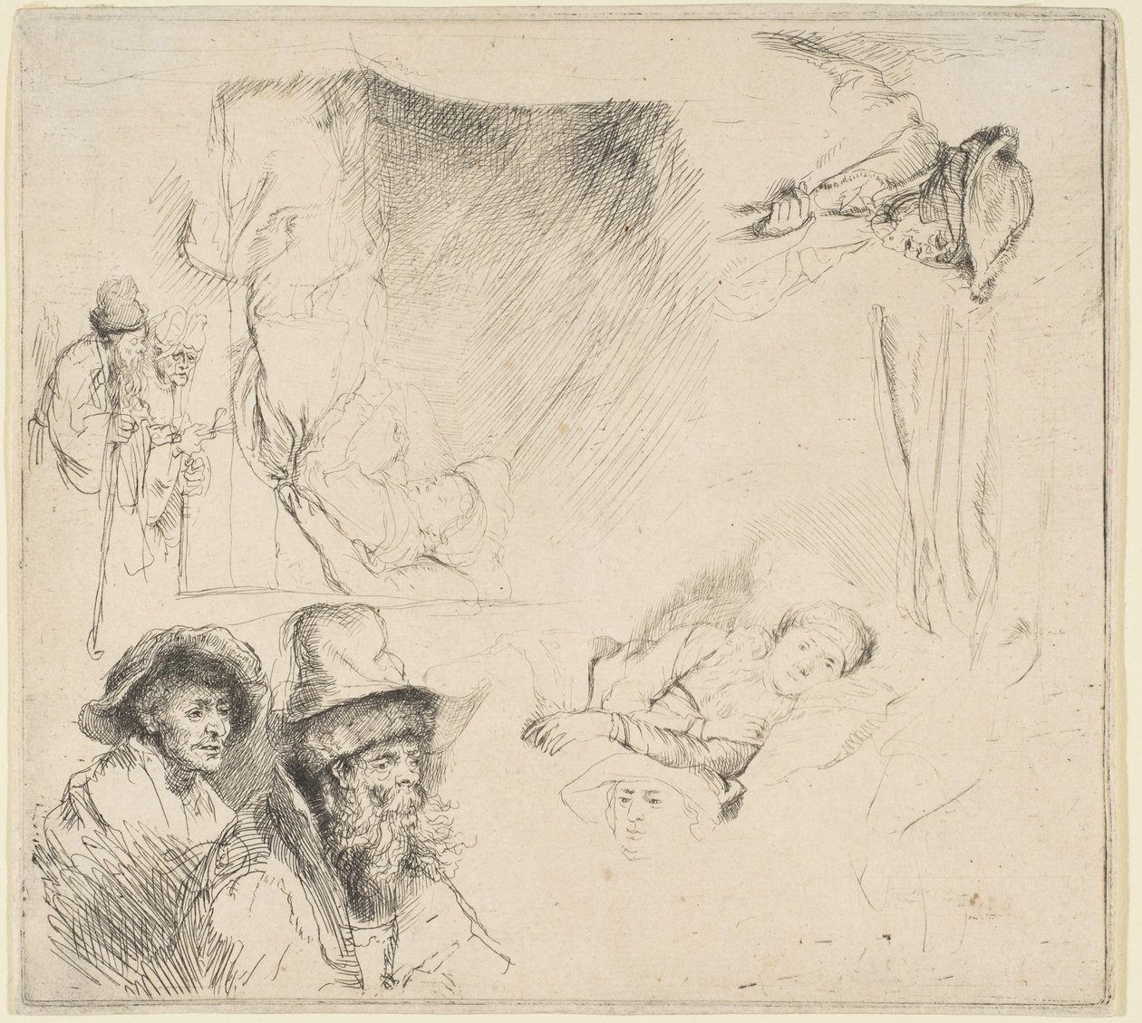 Tanulmányi lap egy betegen fekvő nővel, stb., kb. 164142. alkotó: Rembrandt van Rijn