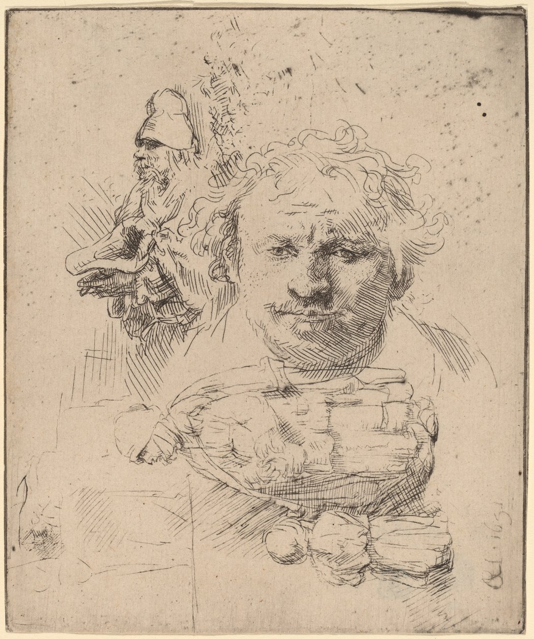 Tanulmányi lap a művész vezetőjével, egy koldus férfival, valamint nővel és gyermekkel alkotó: Rembrandt van Rijn