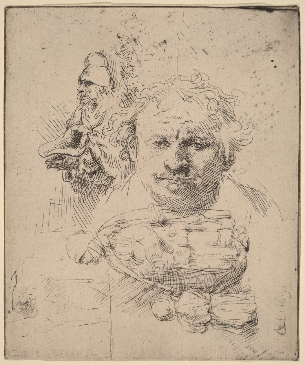 Tanulmánylap a művész fejével, egy koldussal, valamint egy nővel és egy gyermekkel alkotó: Rembrandt van Rijn