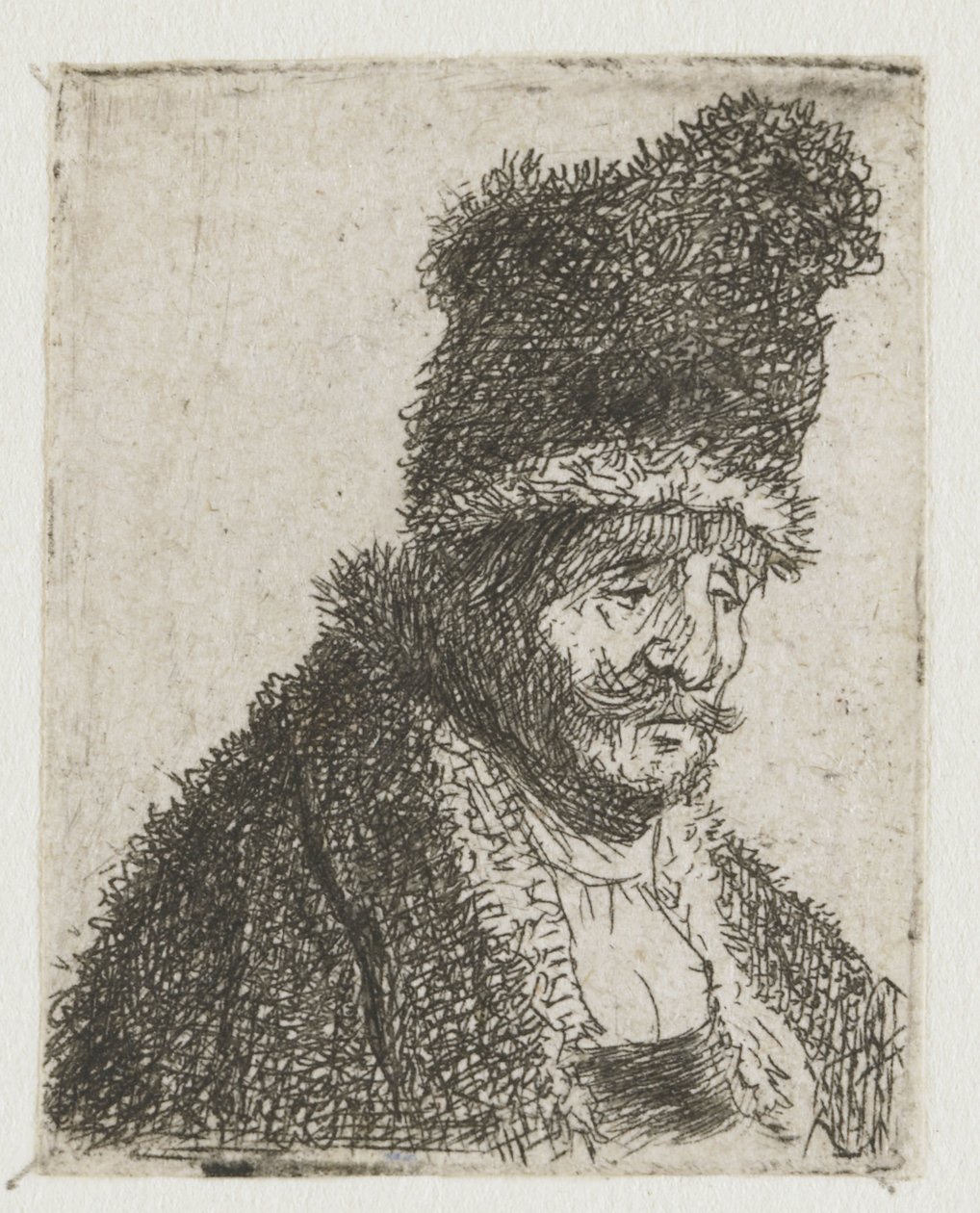 Férfi fejekről készült tanulmányok gyűjteménye: öregember bundában és magas sapkában alkotó: Rembrandt van Rijn