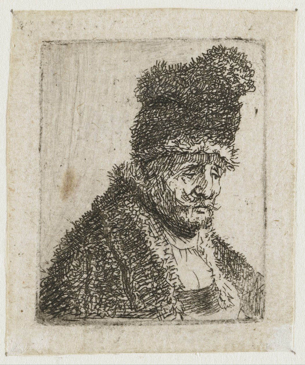 Férfi fejekről készült tanulmányok gyűjteménye: öregember bundában és magas sapkában alkotó: Rembrandt van Rijn