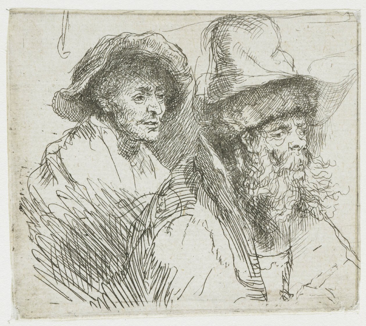 Tanulmánylap, amelyen egy beteg nő fekszik az ágyban: két férfi alak mellszobra alkotó: Rembrandt van Rijn