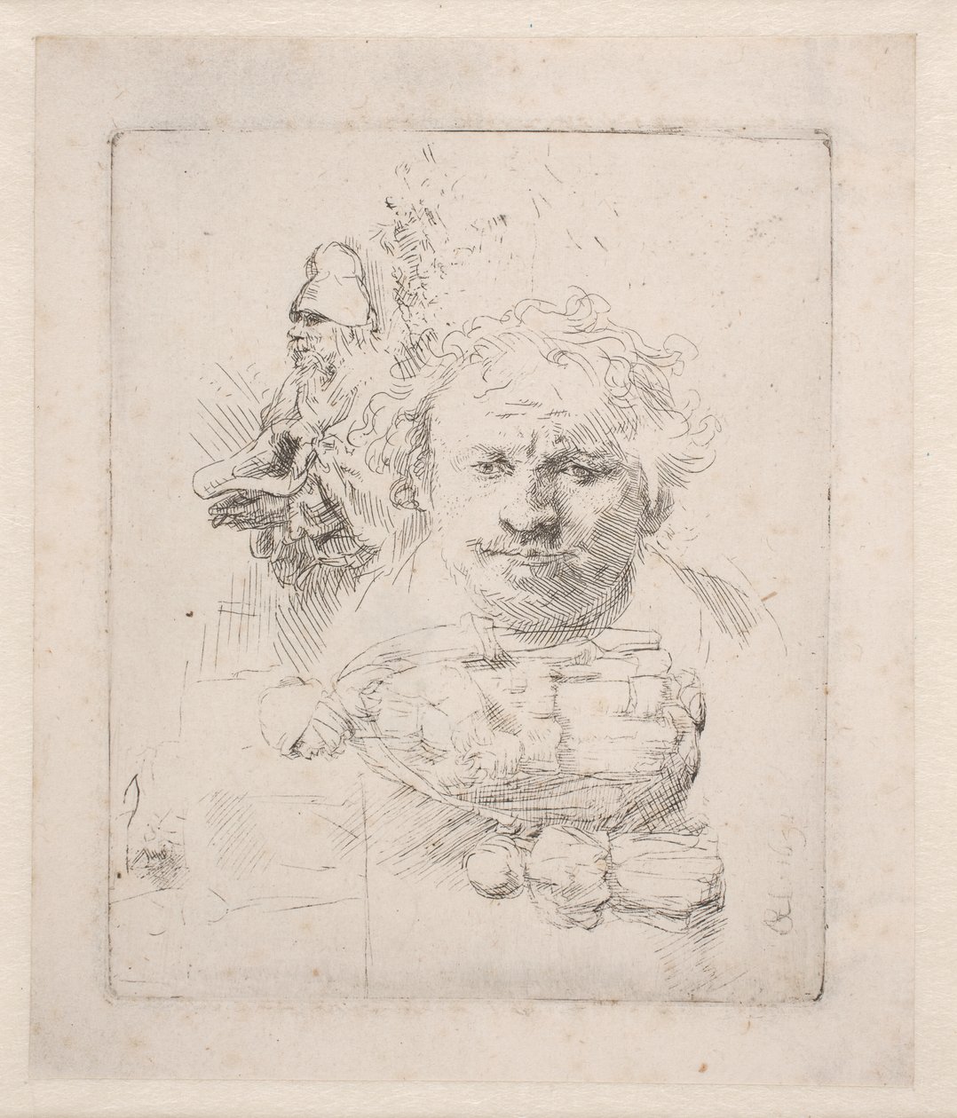 Vázlatlap Rembrandt fejével, egy koldussal, egy nővel és egy gyermekkel alkotó: Rembrandt van Rijn