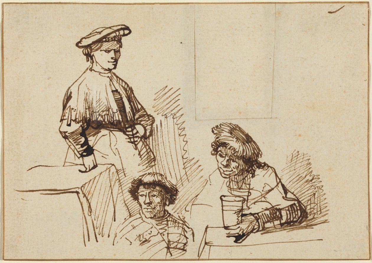 Vázlatok egy kocsmából: Álló nő és két ülő férfi alkotó: Rembrandt van Rijn