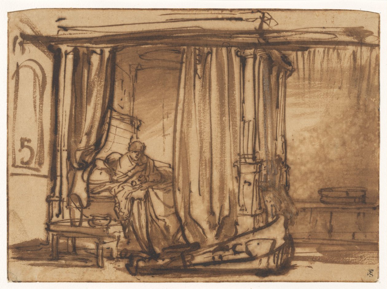Hálószoba, ahol Saskia egy baldachinos ágyon ül alkotó: Rembrandt van Rijn