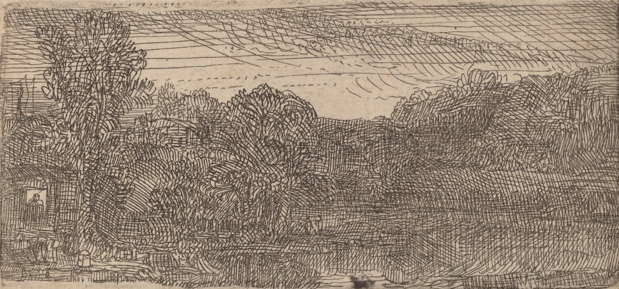 Kis szürke táj: ház és fák a medence mellett, c. 1640. alkotó: Rembrandt van Rijn