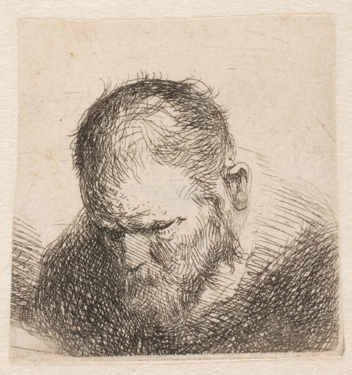 Egy szakállas férfi kis mellszobra, aki lefelé néz, szemei szinte csukva alkotó: Rembrandt van Rijn