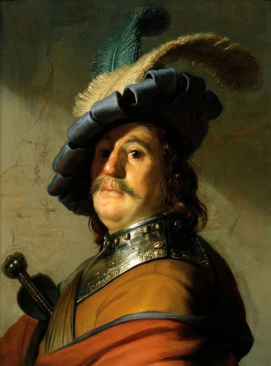 Katona vasgallérral és tollkalappal alkotó: Rembrandt van Rijn