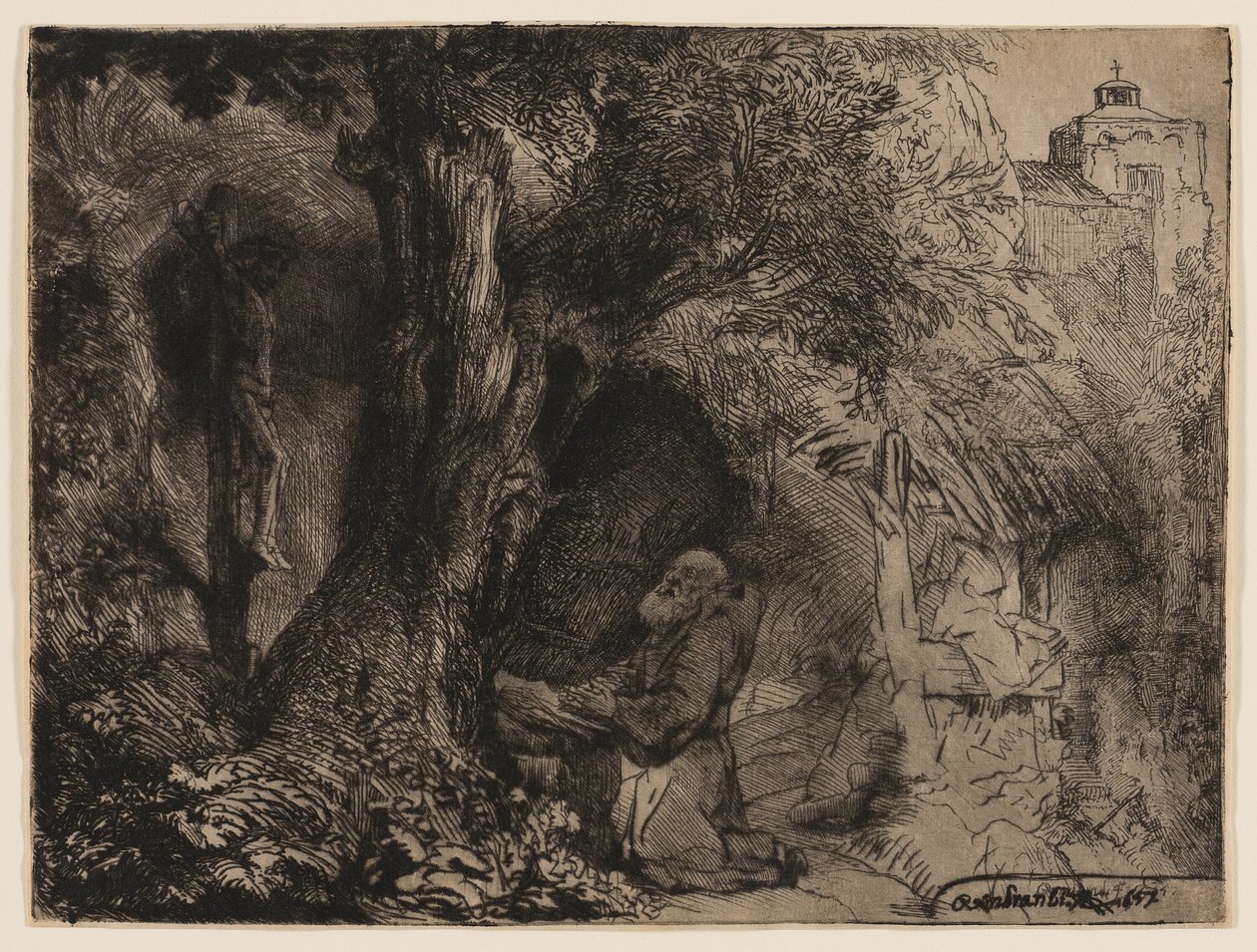 Szent Ferenc egy fa alatt imádkozik alkotó: Rembrandt van Rijn