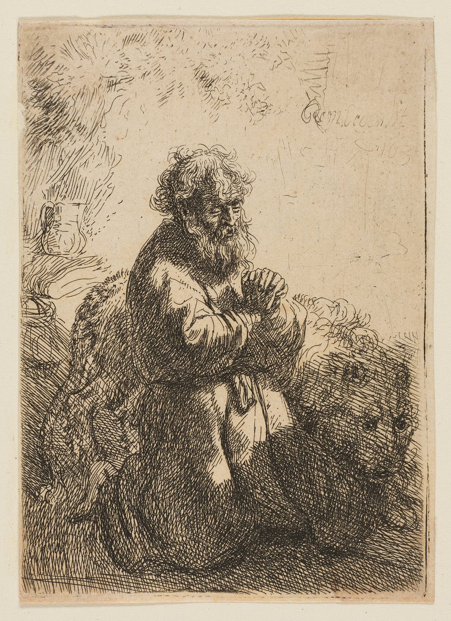 Szent Jeromos imában térdel, lenéz alkotó: Rembrandt van Rijn