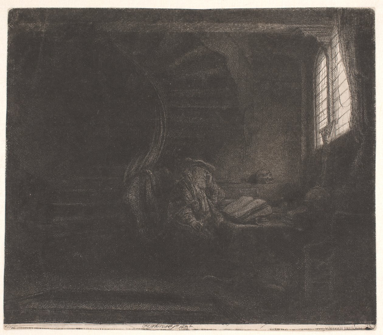 Szent Jeromos egy sötét szobában alkotó: Rembrandt van Rijn