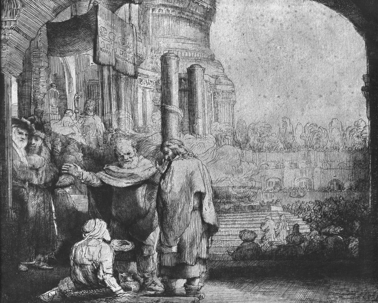 Szent Péter és Szent János a templom bejáratánál, 1649 (rézkarc) (bw fotó) alkotó: Rembrandt van Rijn