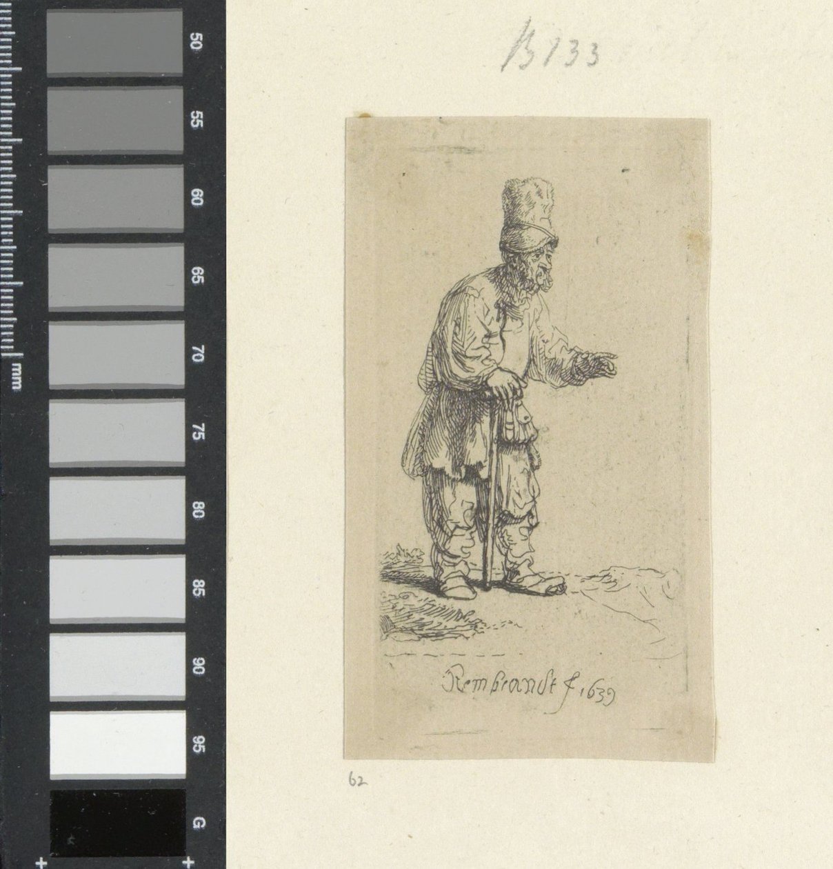 Álló farmer magas fejfedővel, botra támaszkodva Recueil de quatre-vingt-cinq estampes originales (sorozat címe) alkotó: Rembrandt van Rijn