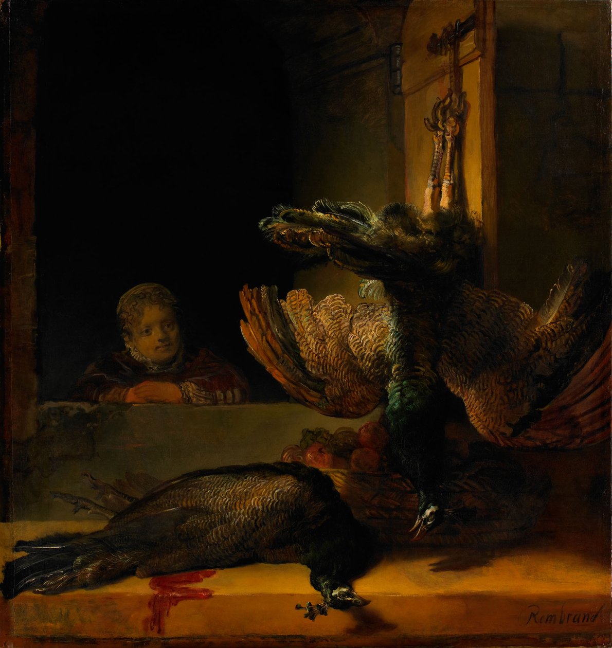 Csendélet két pávával és egy lánnyal, 1639 körül alkotó: Rembrandt van Rijn