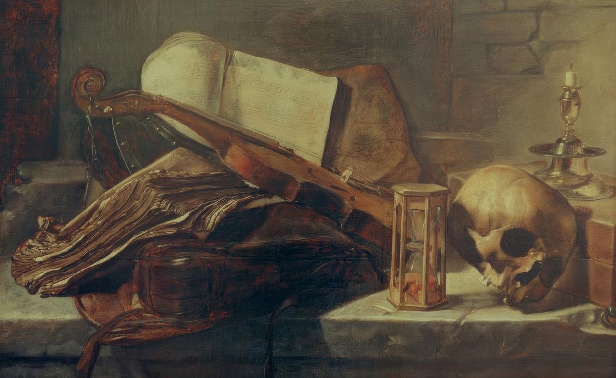 Csendélet könyvekkel, hegedűvel, koponyával és homokórával alkotó: Rembrandt van Rijn