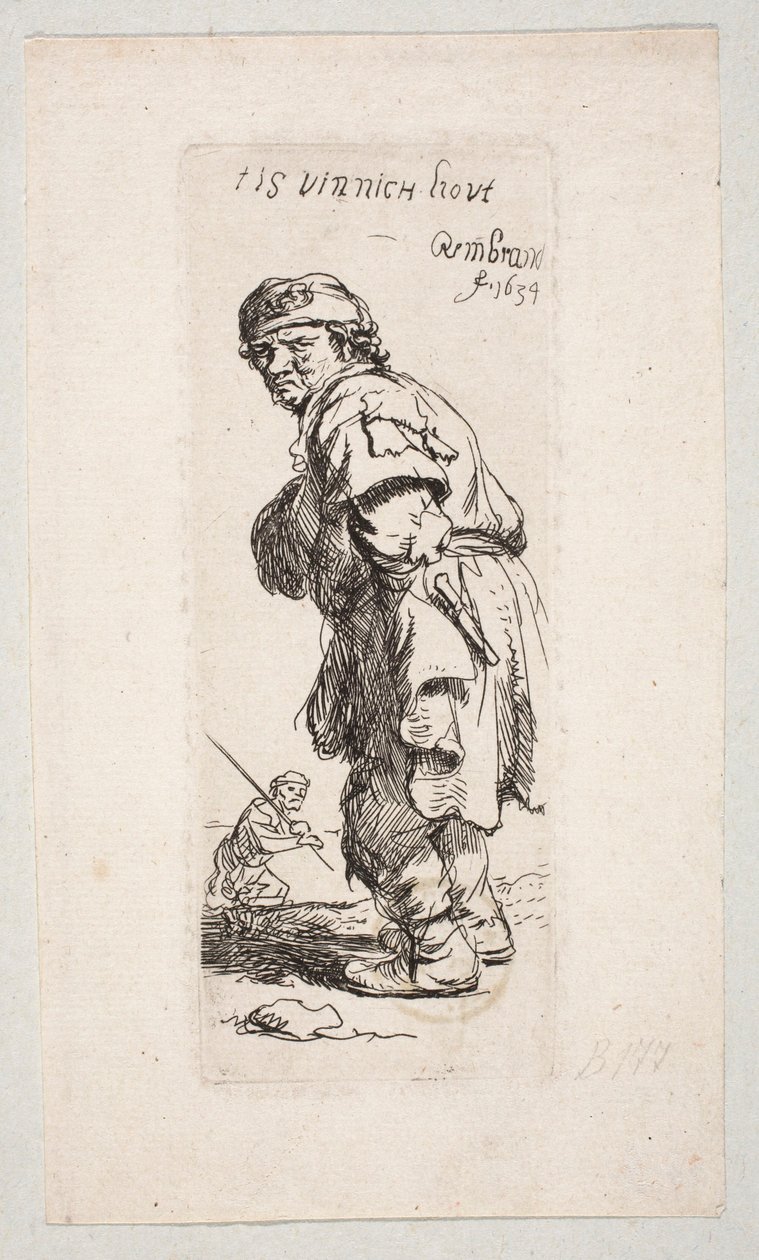 Balra forduló, álló paraszt és egy bottal rendelkező alak a háttérben „Tis vinnich Kout” alkotó: Rembrandt van Rijn