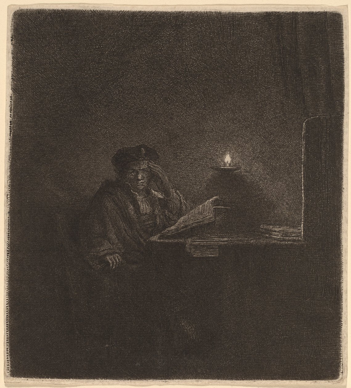 Diák egy asztalnál gyertyafénynél alkotó: Rembrandt van Rijn