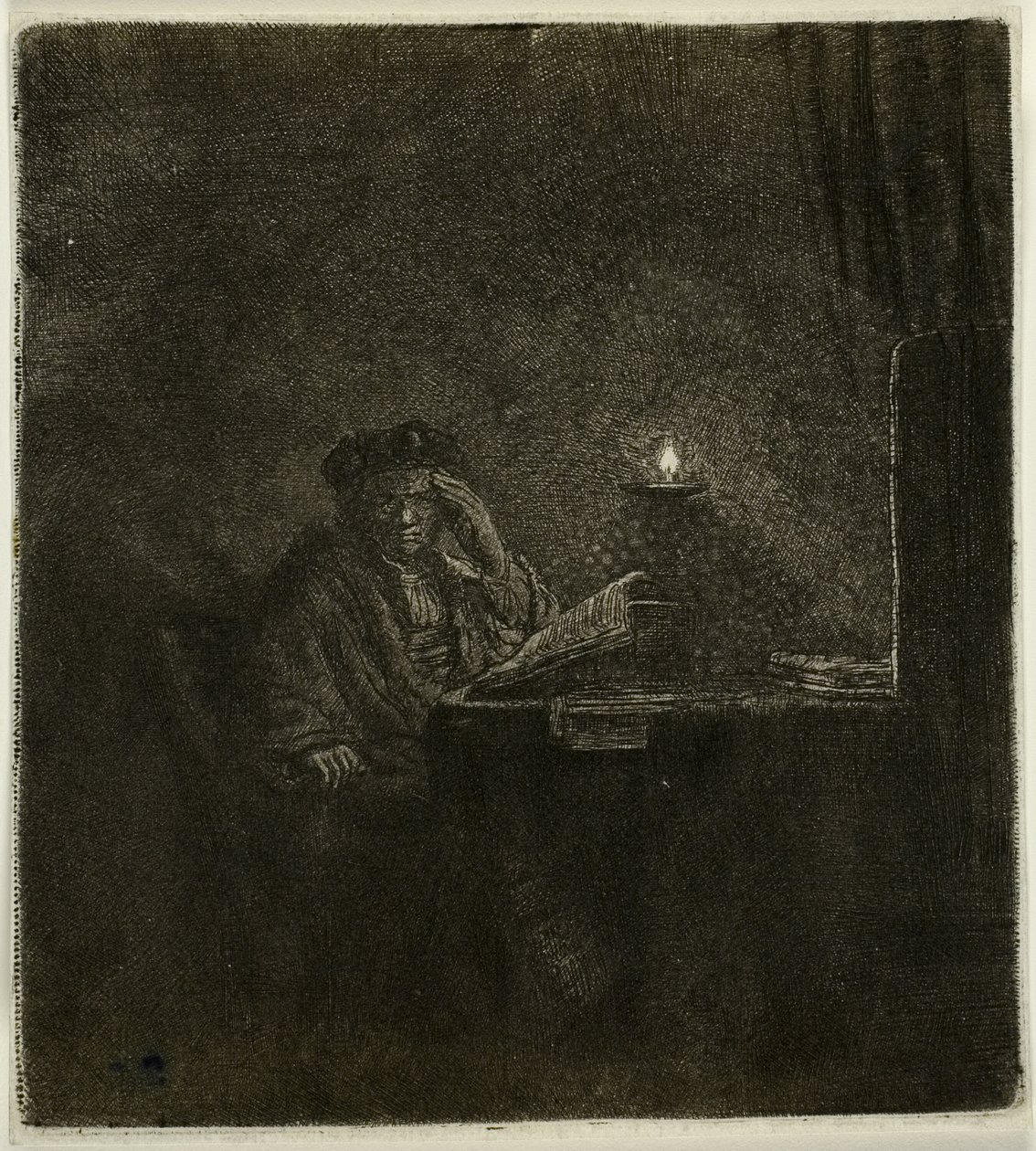 Diák egy asztalnál gyertyafénynél alkotó: Rembrandt van Rijn