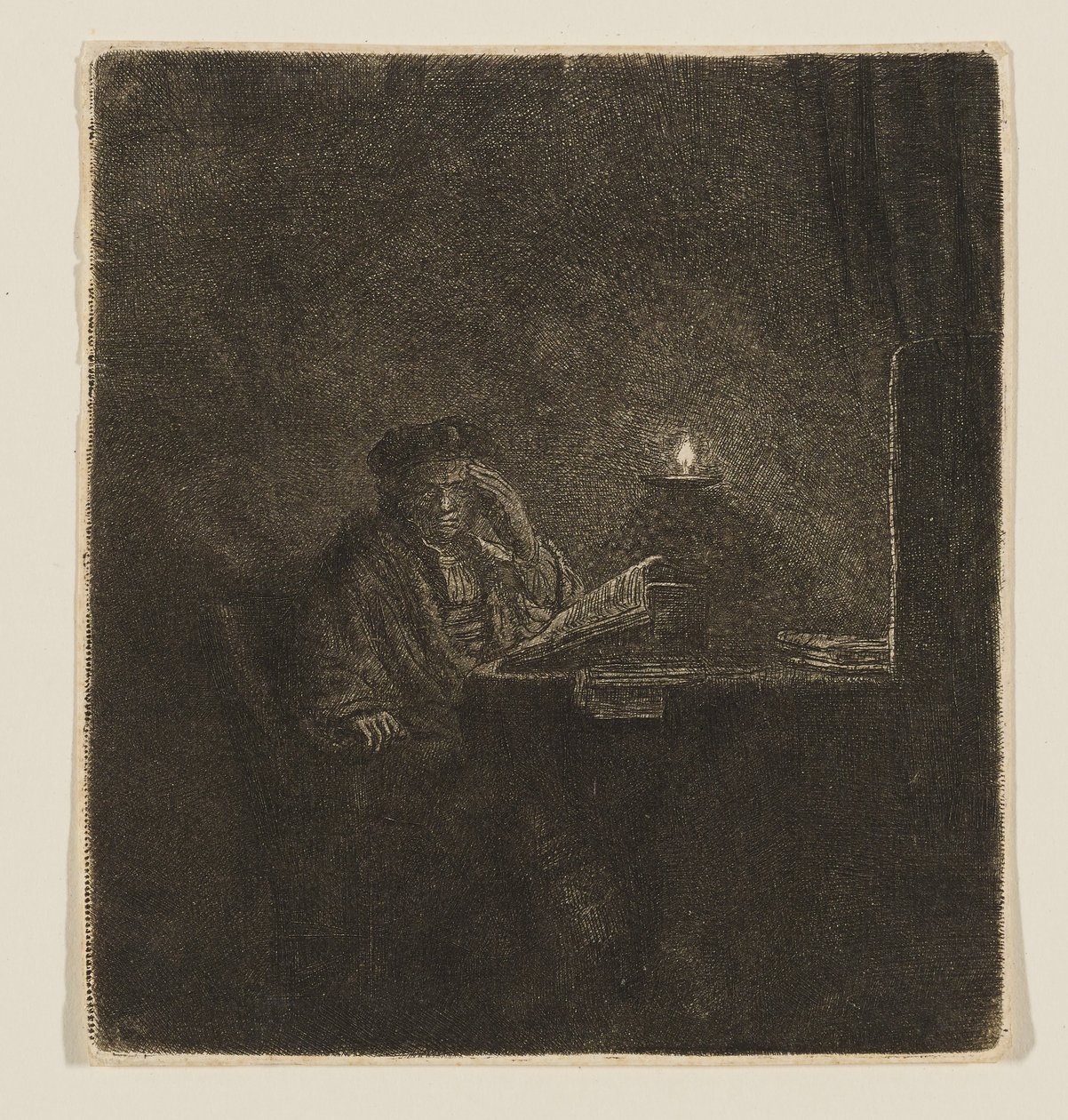 Egy diák gyertyafényes asztalnál alkotó: Rembrandt van Rijn