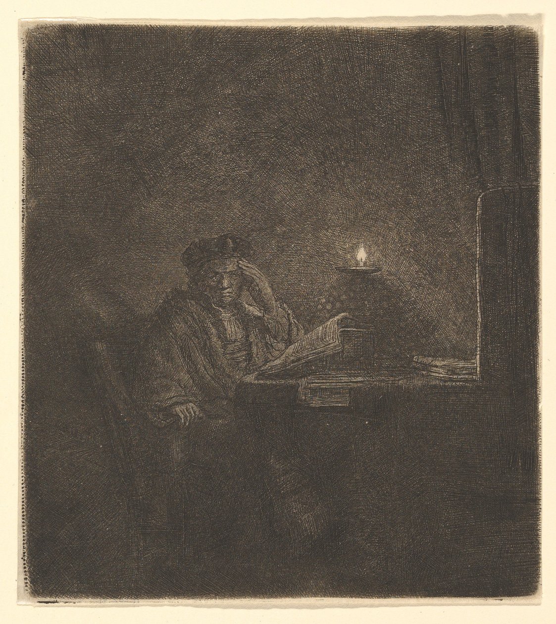 Diák egy asztalnál gyertyafénynél, kb. 1642. alkotó: Rembrandt van Rijn