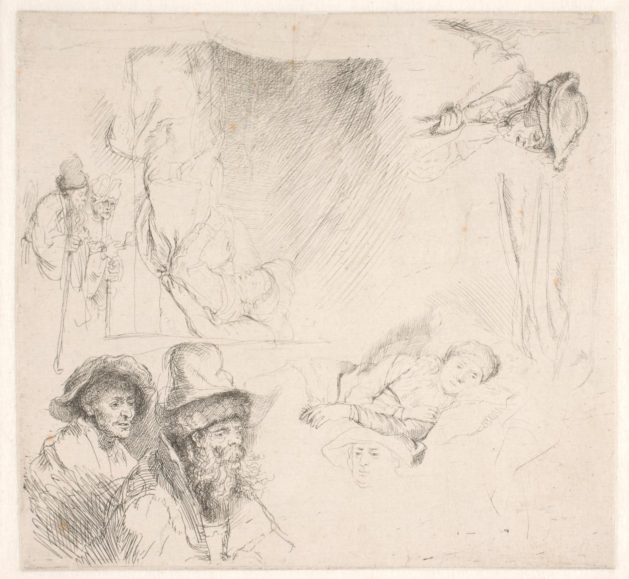 Studieblad, köztük egy ágyhoz kötött nő alkotó: Rembrandt van Rijn