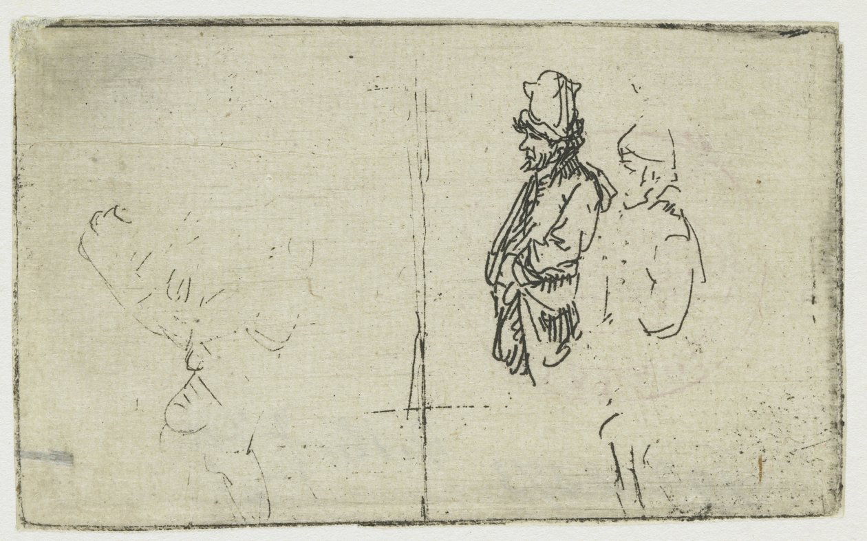 Vázlatlap két rajzzal, az egyik két parasztot ábrázol alkotó: Rembrandt van Rijn