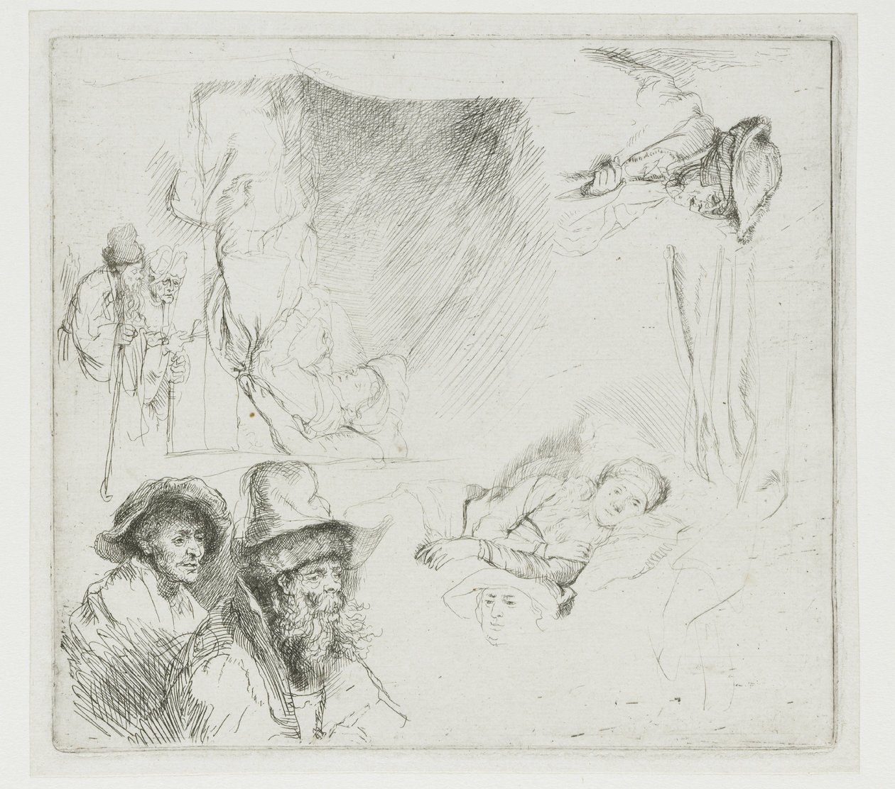 Tanulmánylap, amelyen egy beteg nő fekszik az ágyban alkotó: Rembrandt van Rijn
