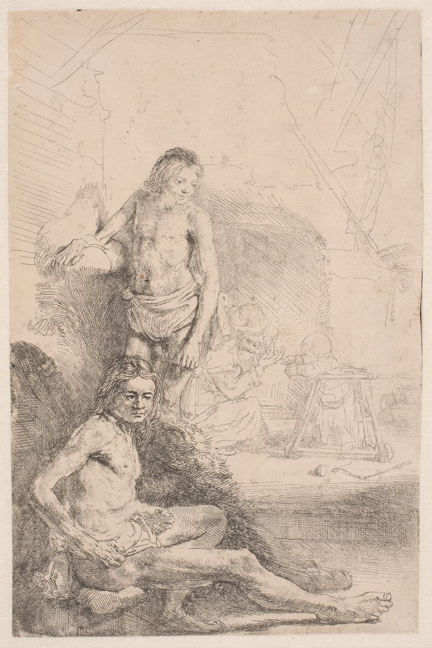 Aktrajzok: egy ülő és egy álló férfi; a háttérben halványan megrajzolt nő és csecsemő alkotó: Rembrandt van Rijn