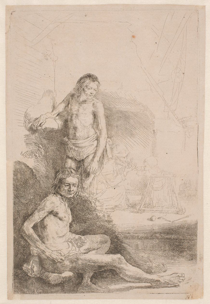 Aktrajzok: egy ülő és egy álló férfi; a háttérben halványan megrajzolt nő és csecsemő alkotó: Rembrandt van Rijn