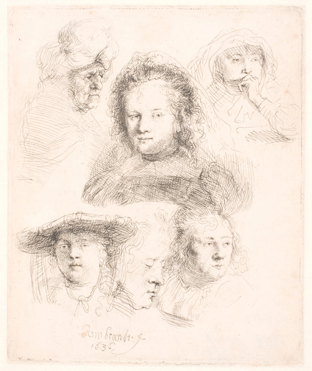 A Saskia vezetőjének és másoknak a tanulmányai alkotó: Rembrandt van Rijn