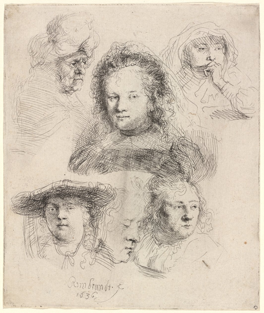 A Saskia és mások vezetőjének tanulmányai alkotó: Rembrandt van Rijn
