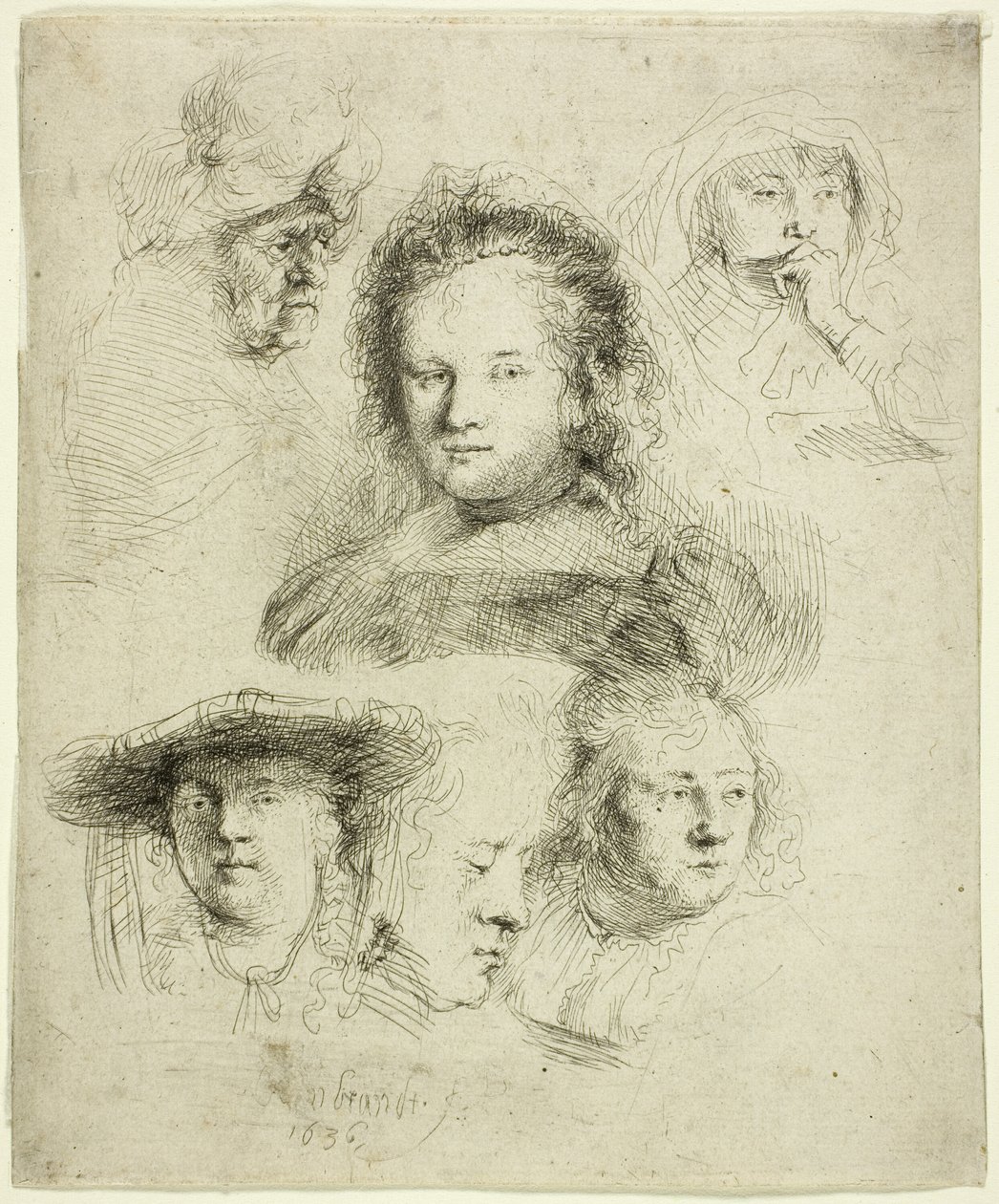 A Saskia és mások vezetőjének tanulmányai alkotó: Rembrandt van Rijn