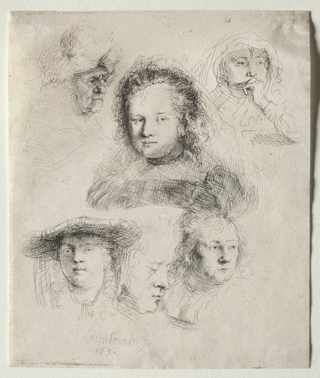 A Saskia és mások vezetőjének tanulmányai alkotó: Rembrandt van Rijn