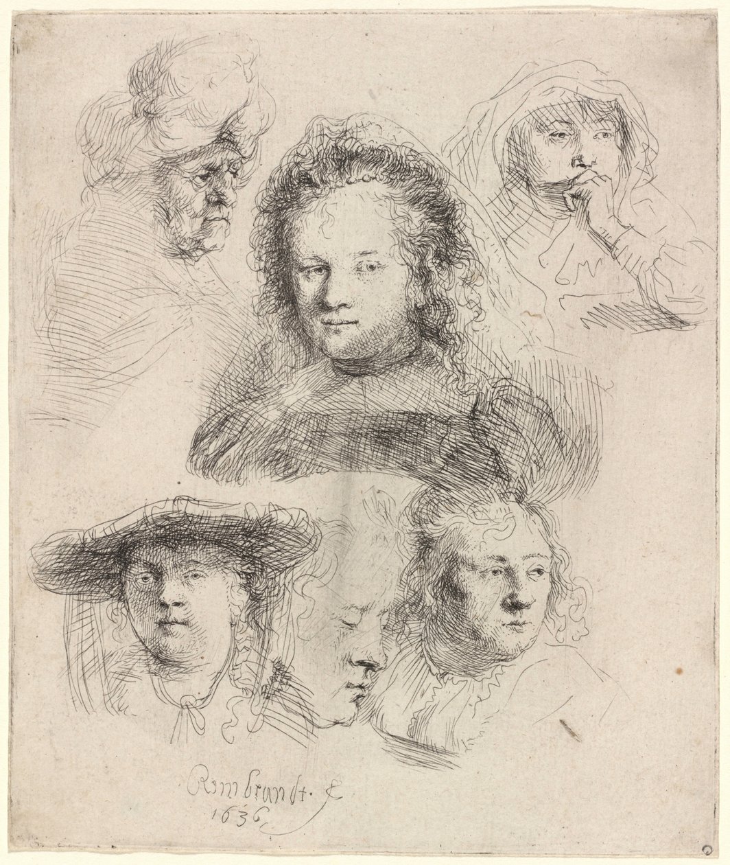 Saskia fejének és másoknak a tanulmányai alkotó: Rembrandt van Rijn