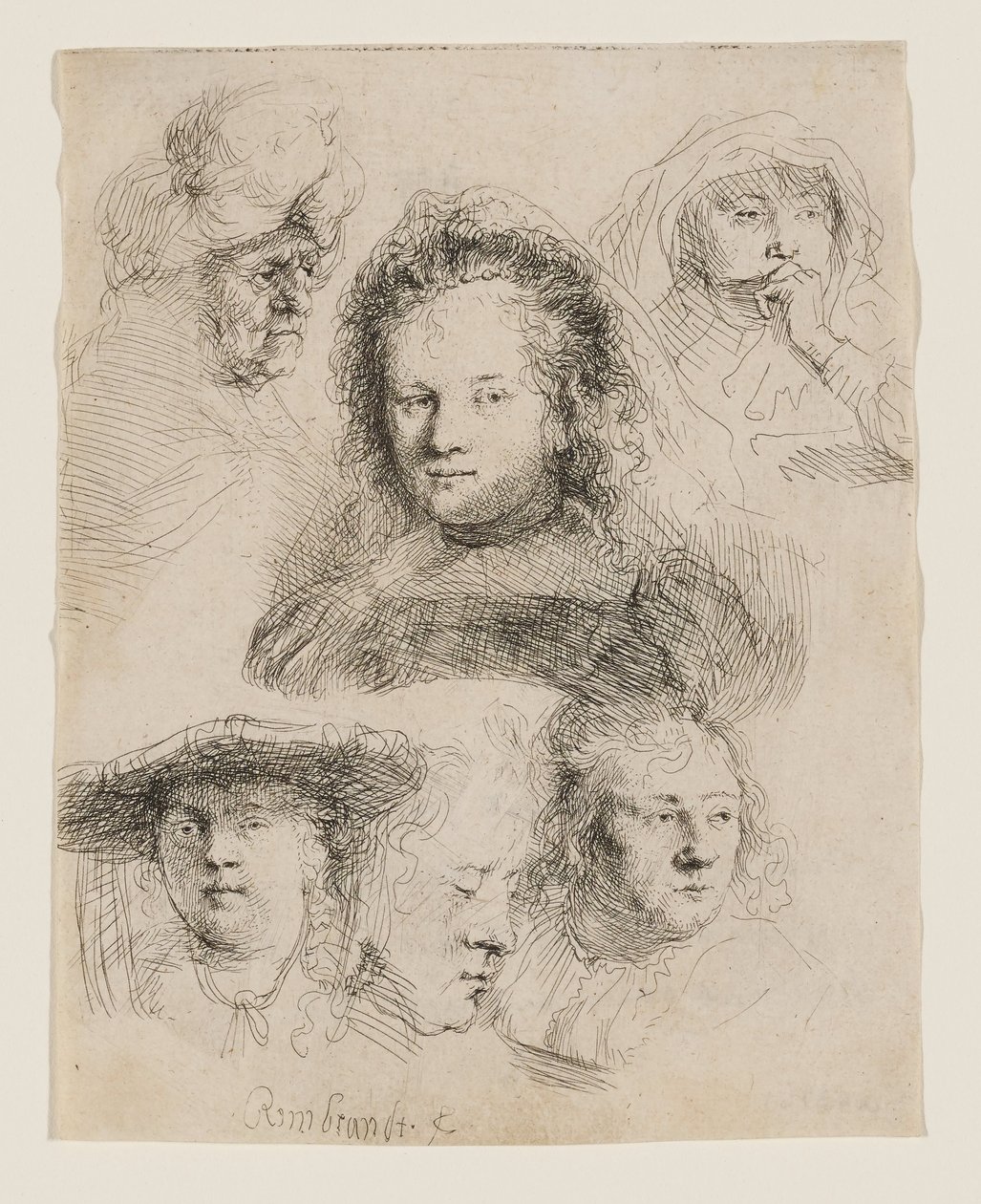 Saskia fejének és másoknak a tanulmányai alkotó: Rembrandt van Rijn