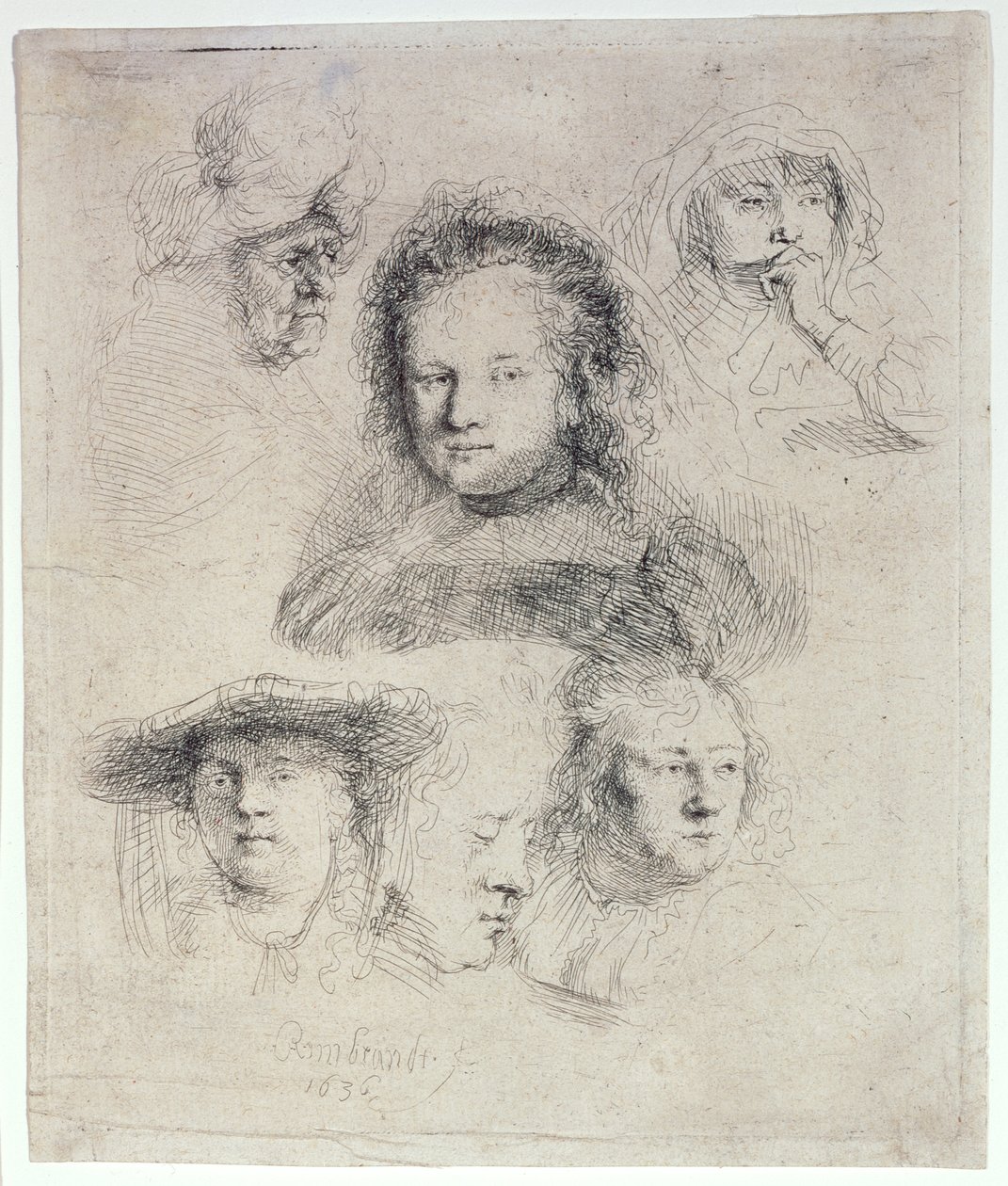 Saskia fejének és másoknak a tanulmányai alkotó: Rembrandt van Rijn