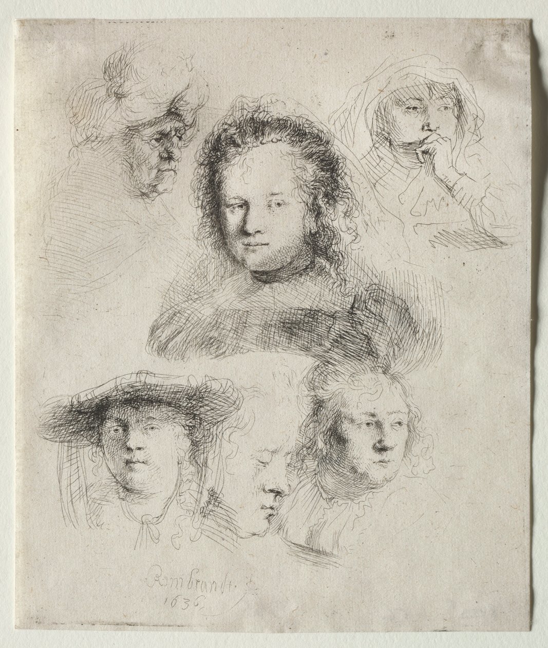 Tanulmányok a Saskia és mások fejéről, 1636. alkotó: Rembrandt van Rijn